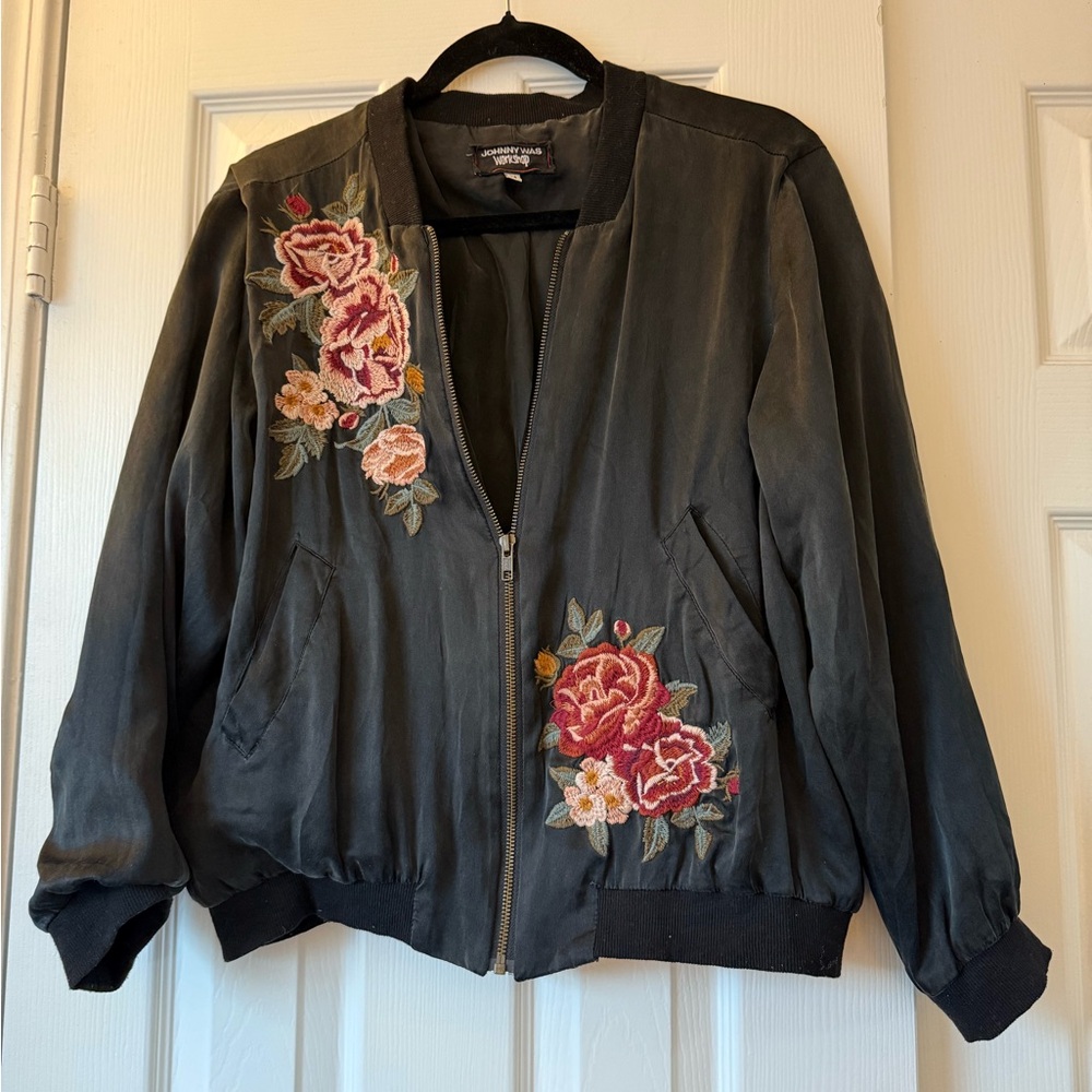 Johnny Was Black and Pink Floral Bomber Jacket